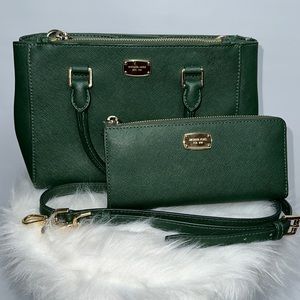 Michael Kors dark green crossbody with matching wallet